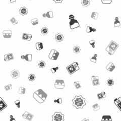 Set Spice in can, Discount percent tag, Bottle of olive oil and Chicken egg box on seamless pattern. Vector