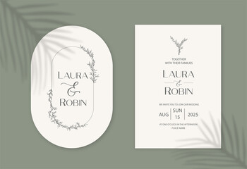 Vintage wedding invitation card set template with leaves and twigs. Oval and arch elegant shape