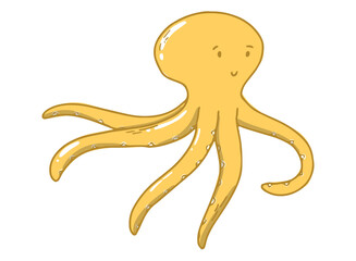 cute hand drawn yellow octopus isolated on white background. Good for posters, prints, cards, stickers, nursery decor, kids apparel, sublimation, etc. sea life doodle, clipart. EPS 10