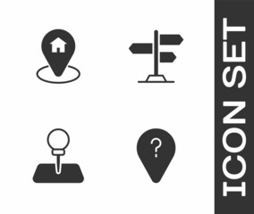 Set Unknown route point, Location with house, Push pin and Road traffic sign icon. Vector