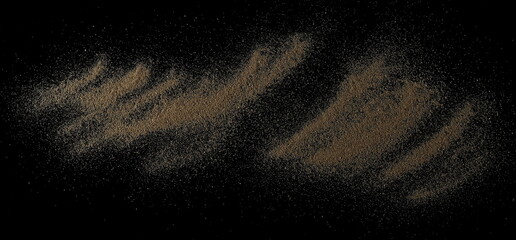 Beach, desert sand pile isolated on black background, top view