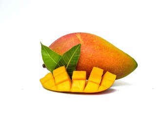 Red ripe sweet fruit mango, sliced, sliced, isolated on white background.
