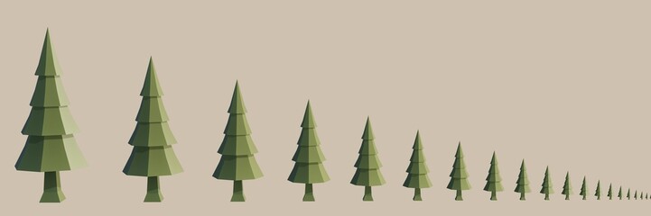 3D digital render of low poly green trees standing in a row from largest to smallest on a plain backdrop