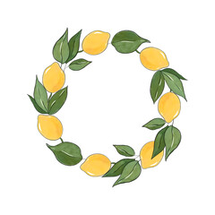 Hand drawn wreath with lemons. fresh lemons illustration