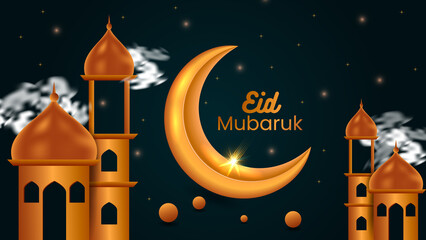Eid mubarak luxury islamic greeting background with decorative ornament golden lantern and star,eid mubarak arabic calligraphy saying Blessed Festival or Feast.
