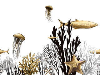 Gold and black nautical seamless border. Hand painted underwater repeating ornate with fishes, sea stars, jellyfish and corals on white background. Sea wallpaper design © ldinka