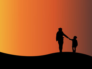 Fototapeta na wymiar silhouette of mother and son walking. good for mother's day