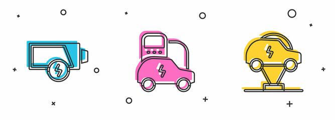 Set Low battery, Electric car and icon. Vector