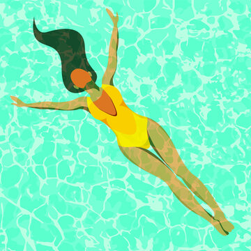 vector image on the theme of summer holidays. a beautiful young tanned girl in a yellow swimsuit lies on the blue water surface of the pool with outstretched arms and flowing hair. tropical holiday.