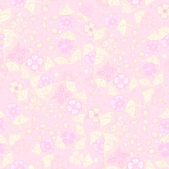 Melange from flowers and leaves. Delicate floral seamless background. Pink colors.