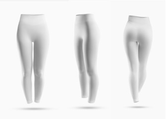 Set white women's compression leggings mockup, 3D rendering, isolated on background.