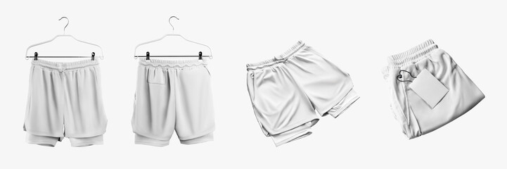Set white loose shorts mockup with compression line, drawstring waist, men's sportswear on a hanger, isolated on background.