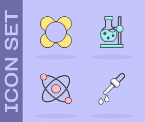 Set Pipette, Molecule, Atom and Test tube flask on stand icon. Vector