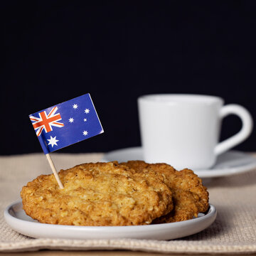 Australia Anzac Day Biscuits Traditional Australian Food Made Of Oatmeal, Golden Syrup And Coconut Cookies. 