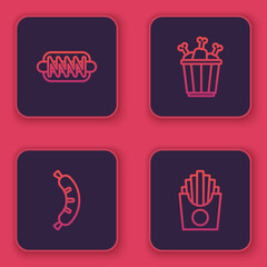 Set line Hotdog sandwich, , Chicken leg in package box and Potatoes french fries. Blue square button. Vector