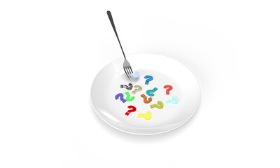 Question mark on a plate with fork as a background for a restaurant.