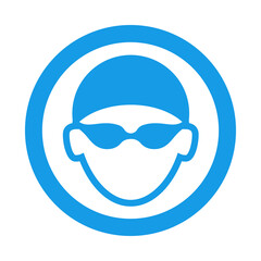 Logotipo piscina. Icono plano silueta de cabeza de nadador con sombrero de natación y gafas protectoras en círculo color azul - obrazy, fototapety, plakaty