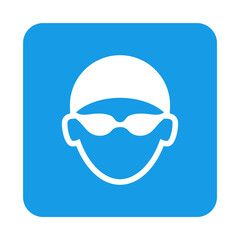 Logotipo piscina. Icono plano silueta de cabeza de nadador con sombrero de natación y gafas protectoras en cuadrado color azul