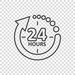 24 hours service icon in flat style. All day business and service vector illustration on isolated background. Quick service time sign business concept.