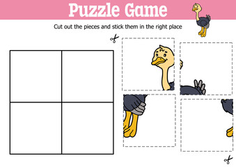 Vector educational kids puzzle game to cut and stick pieces with cartoon ostrich character