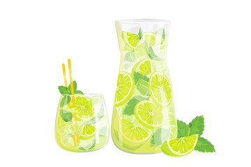 Mojito cocktail with lime, mint and ice cubes.Refreshing cocktail in a glass and a jug.Vector illustration.