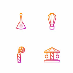 Set line Attraction carousel, Birthday party horn, Balalaika and Hot air balloon. Gradient color icons. Vector