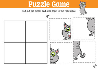 Vector educational kids puzzle game to cut and stick pieces with cartoon cat character