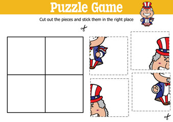 Vector educational kids puzzle game to cut and stick pieces with cartoon Uncle Sam character
