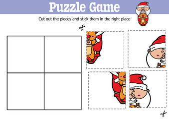 Vector educational kids puzzle game to cut and stick pieces with cartoon Santa which is holding deer 