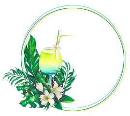 Watercolor illustration in a round frame with tropical leaves, beach cocktail, plumeria flowers. A bright, juicy composition. For invitations, postcards, posters, leaflet design, menus.
