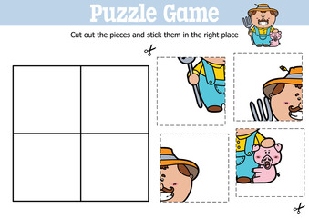 Vector educational kids puzzle game to cut and stick pieces with cartoon Farmer character