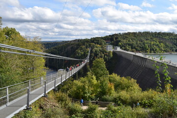 View of the Titan suspension bridge and the dam wall of the Rappbode dam; Germany; Saxony-Anhalt