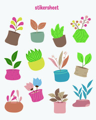 Set of flat design abstract vector illustrations for plant stickers. Happy floral and leaf stickers for scrapbook, planner stickers design.