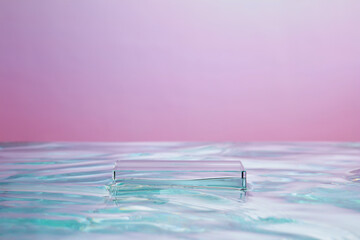 Top view of transparent podium and blank space in violet water background