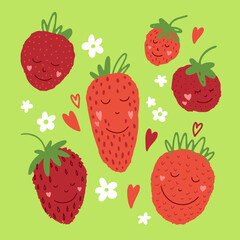 Set of cute and happy sweet strawberries. Summer character design vector collection