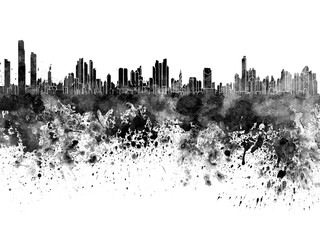 Panama City skyline in black watercolor on white background