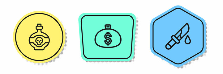 Set line Poison in bottle, Money bag and Bloody knife. Colored shapes. Vector