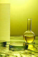 Front view of transparent podium and blank space in yellow water background