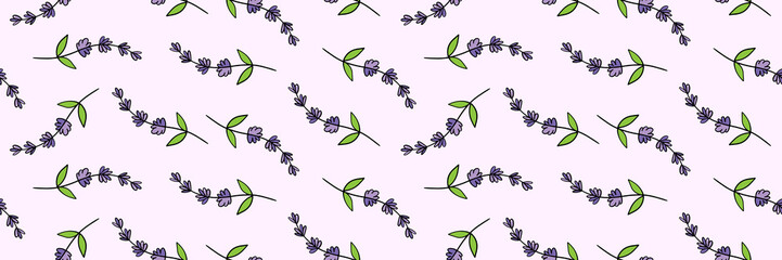 Wide horizontal vector seamless pattern background with lavender flowering plants for nature and cosmetics design.
