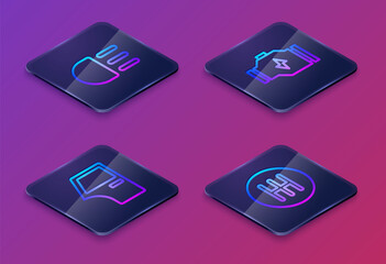 Set Isometric line High beam, Car door, Check engine and Gear shifter. Blue square button. Vector