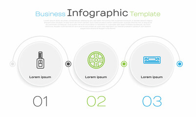 Set line Car key with remote, Alloy wheel and Audio. Business infographic template. Vector