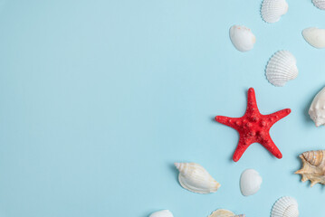 Fototapeta na wymiar Starfish and shells on blue surface. Top view, flat lay summer background