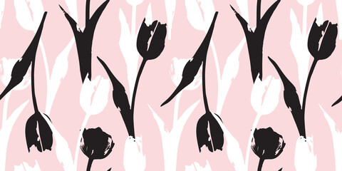 Tulip lavender seamless pattern. Spring tulips wallpaper design. Botanical flowers texture.