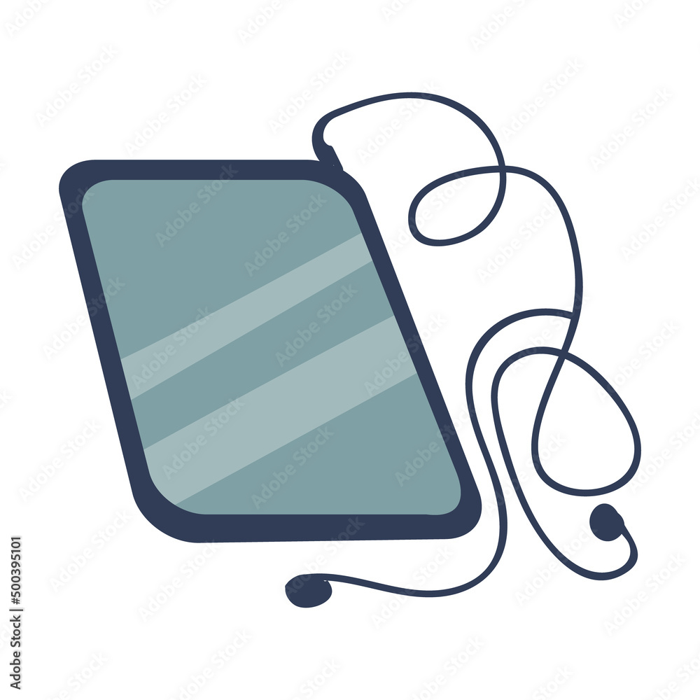Fototapete Tablet computer with wired headphones semi flat color vector object. Portable computing device. Full sized item on white. Simple cartoon style illustration for web graphic design and animation