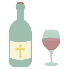 Bottle and glass of monastery wine. There is a golden cross on the label with Easter Cahors. Color vector illustration. Green glass container with wine and a crystal glass. 