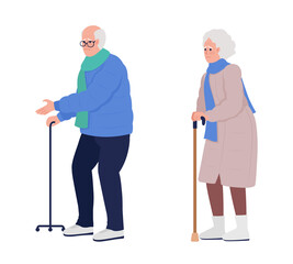 Elderly people with walking canes semi flat color vector character set. Standing figures. Full body people on white. Simple cartoon style illustration collection for web graphic design and animation