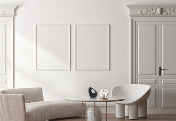 Naklejka na ściany i meble Contemporary classic white interior with two mock up posters furniture and decoration. 3d render illustration mockup.