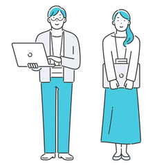 パソコンを持った男性と女性 全身