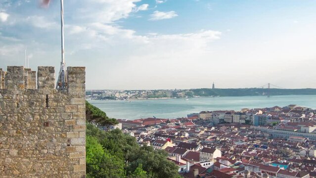 Bird view of Lisboa downtown. Baixa rooftops with the Commerce square. Portugal timelapse