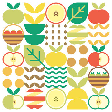 Apple icon abstract artwork. Design illustration of colorful apple pattern, leaves, and geometric symbols in minimalist style. Whole fruit, cut and split. Simple flat vector on a white background.